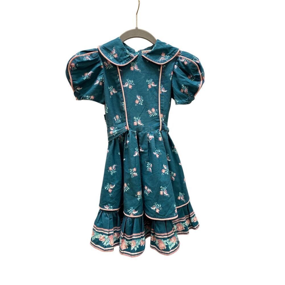 Handcrafted, Hand sewn toddler girls, green and pink puff sleeve dress S/4/5